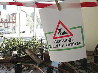 Eine Installation mit Naturmaterialien wies auf den notwendigen Waldumbau hin, der in Deutschland bereits stattfindet, um den Wald zukunftsfähig zu machen.