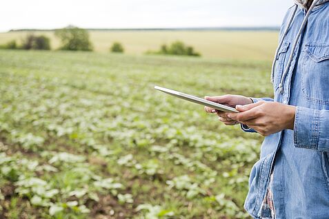 Im rechten Bildrand steht eine Person, ihr Gesicht ist nicht sichtbar. Sie hält ein Tablet in beiden Händen. Im Hintergrund ist ein Feld mit grünen Pflanzen zu erkennen.