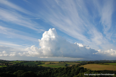 Flache Sommerlandschaft mit viel blauem Himmel