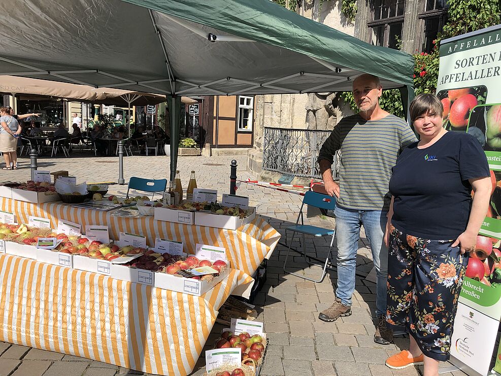 
	Stefanie Hahn aus der Kommunikationsabteilung des JKI und Dr. Thomas Schlegel, Leiter des Gartenbaudezernats des Genbankpartners Landesanstalt betreuten den DGO-Stand auf dem Denkmalfrühstück.
