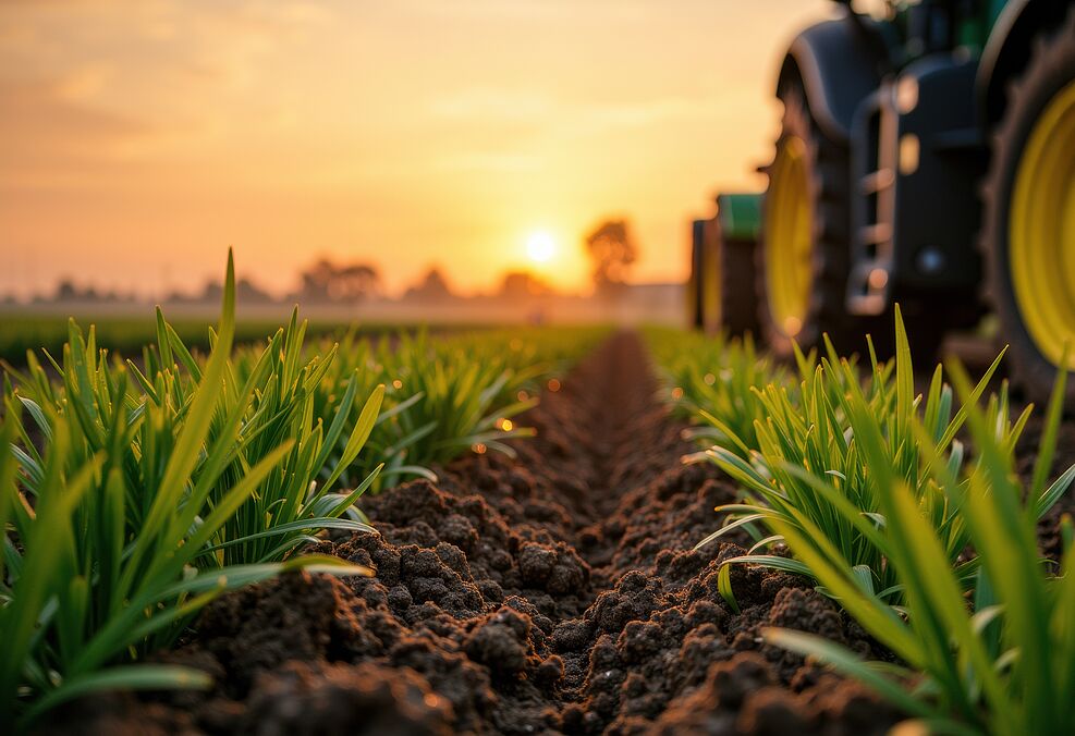 
	Nahaufnahme von grünem Gras, das auf einem Feld wächst, mit einem Traktor. © AdobeStock_1382689573
