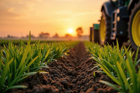 Nahaufnahme von grünem Gras, das auf einem Feld wächst, mit einem Traktor. © AdobeStock_1382689573