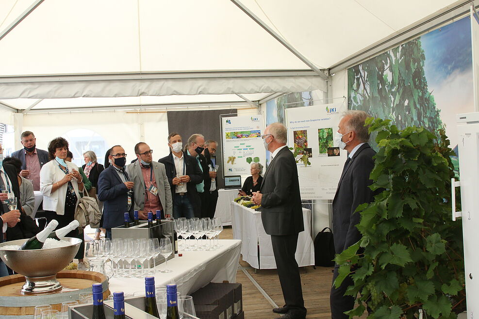 
	JKI-Präsident Ordon (r.) und Leiter der Rebezüchtung Prof. Töpfer begrüßen die Delegation der EU-Agrarminister im JKI-Pavillon (c) Kicherer/JKI
