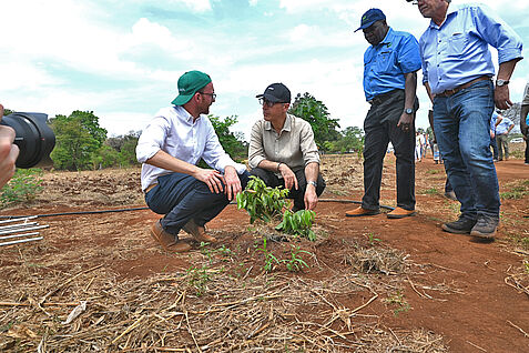 Dr. Lukas Beule (links), beratender Bodenexperte vom JKI, erläutert Landwirtschaftsminister Özdemir den Feldversuch zu klimaangepassten Bewirtschaftungsmethoden, der vom Deutsch-Sambischen Agrartrainingszentrum“ (AKTC) angelegt wurde.