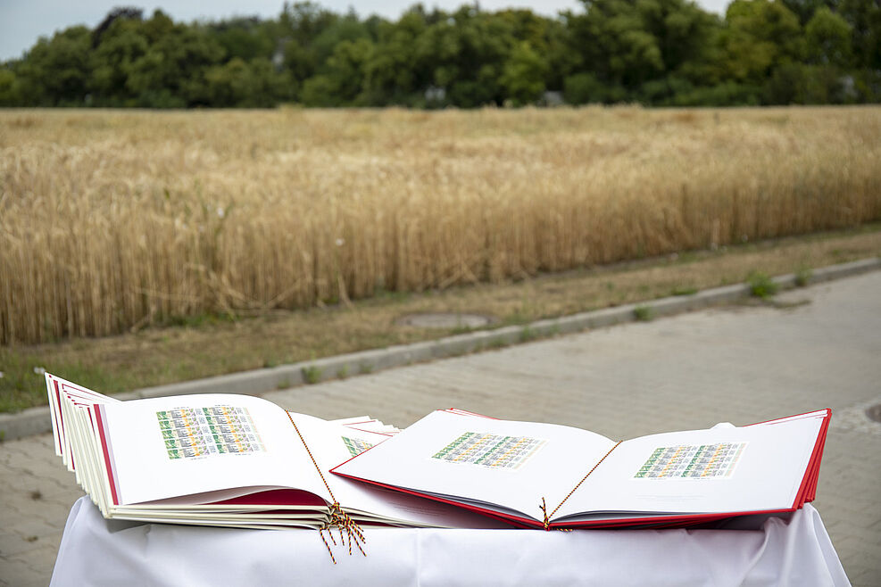 
	Alben mit dem Sonderpostwertzeichen Gregor Mendel 200. Geburtstag vor Hintergrund JKI-Versuchsfeld in Berlin-Dahlem. © J. Zappner/Gregor Mendel Stiftung
