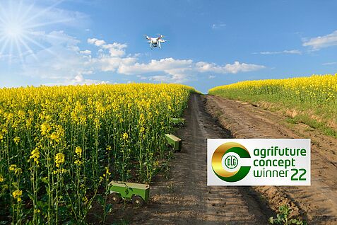 Vision digitalisierte Landwirtschaft: Feld-Roboter und Drohne in Raps  © anko_ter/fotolia.com (modifiziert)