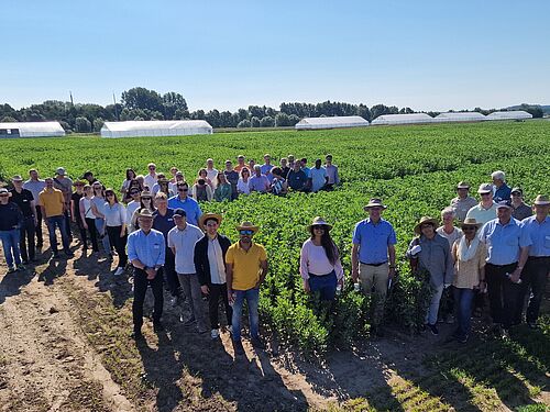 Gruppenbild aller Teilnehmenden der Exkursion zum JKI-Versuchsfeld in Groß Lüsewitz anlässlich Sommertagung "Grüne Proteine". © M. Herrmann/JKI