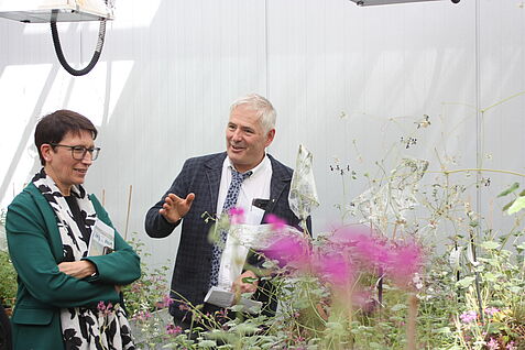 Auch ein kurzer Zwischenstopp in der Pelargonien-Sammlung der Deutschen Genbank Zierpflanze durfte nicht fehlen. Dr. Frank Marthe nimmt Frau Bender zu seiner favorisierten Pelargonien-Art mit.