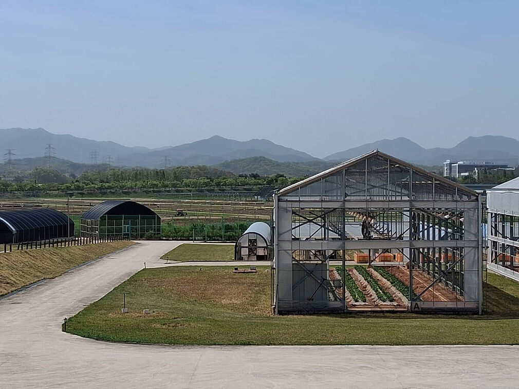 Versuchsanlage mit Rain-out-shelter und Versuchsfelder im Hintergrund am National Institute for Crop and Food Science (NICS), der südkoreanischen Partnereinrichtung mit der gemeinsam die Hitzestresstoleranz von Weizen untersucht werden. © C. Harms/JKI