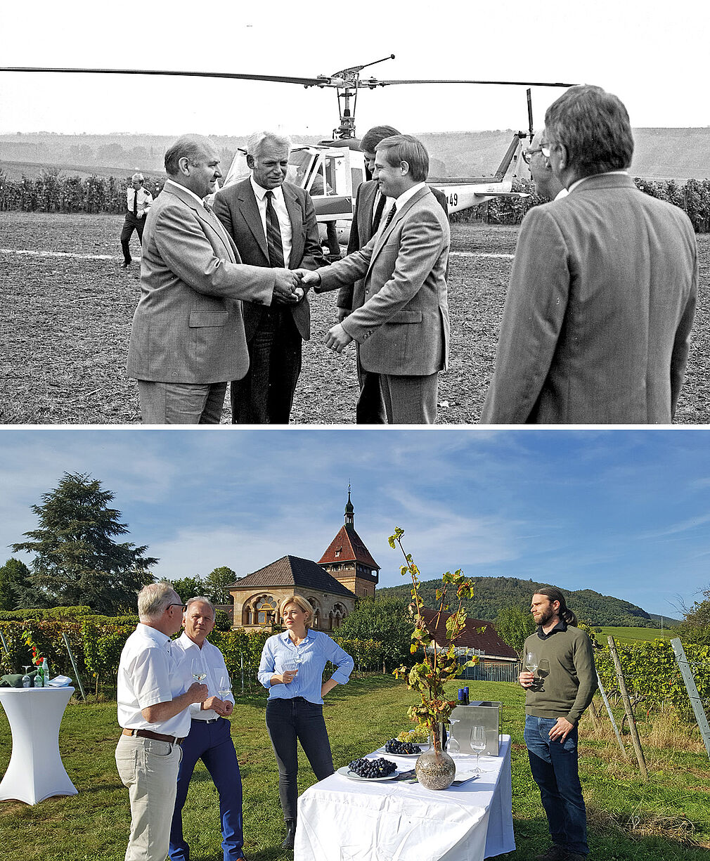 1985 besuchte Bundeslandwirtschaftsministers Ignaz Kiechle den Geilweilerhof und flog mit dem Hubschrauber ein. Der damalige Leiter Prof. Alleweldt und die Wissenschaftler Dr. Eibach und Dr. Düring begrüßen den Minister. Bundeslandwirtschaftsministerin Julia Klöckner besuchte in ihrer Amtszeit mehrmals den Geilweilerhof, wie hier im September 2021. Auch während der Corona-Pandemie bot die Liegenschaft genug Platz, um sich mit gebotenem Abstand, zu informieren, hier v. l. Institutsleiter Prof. Töpfer, JKI-Präsident Prof. Ordon, BMin Klöckner und Dr. Trapp. Fotos: © JKI-Archiv und S. Hüther/JKI