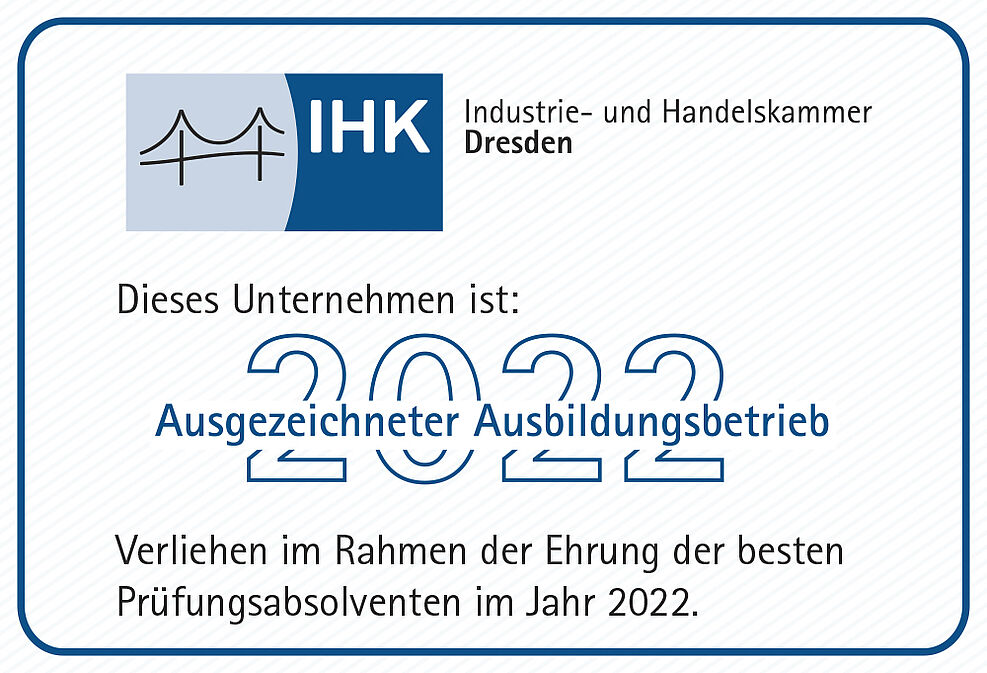 
	Nachweis "ausgezeichneter Aisbildungsbetrieb" 2022 der IHK Dresden für den JKI-Standort Dresden-Pillnitz (Fachinstitut für Züchtungsforschung an Obst)
